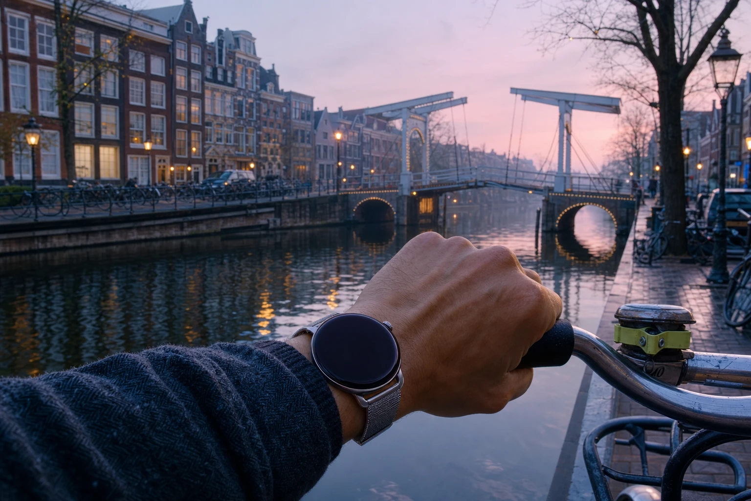 A traveler checks a round Roam O'Clock watch from a bicycle beside Amsterdam's Magere Brug at dawn