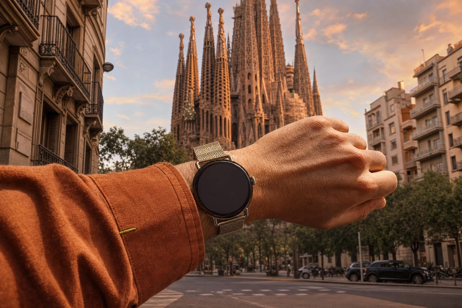 A traveler checks a round Roam O'Clock watch at golden hour with Barcelona's Sagrada Família behind