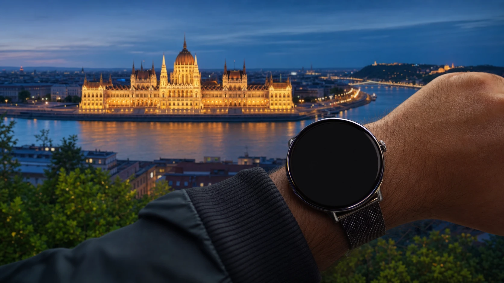 A traveler checks the Roam O'Clock watch above the Danube, with Budapest's illuminated Parliament in the background