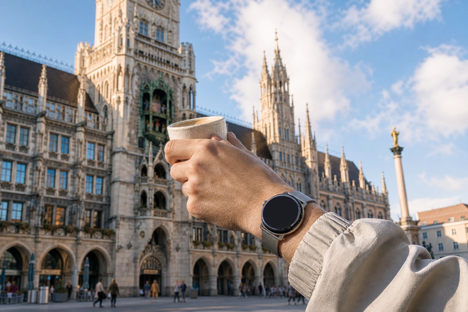 A traveler raises a coffee beside Munich's Neues Rathaus while checking a round Roam O'Clock watch