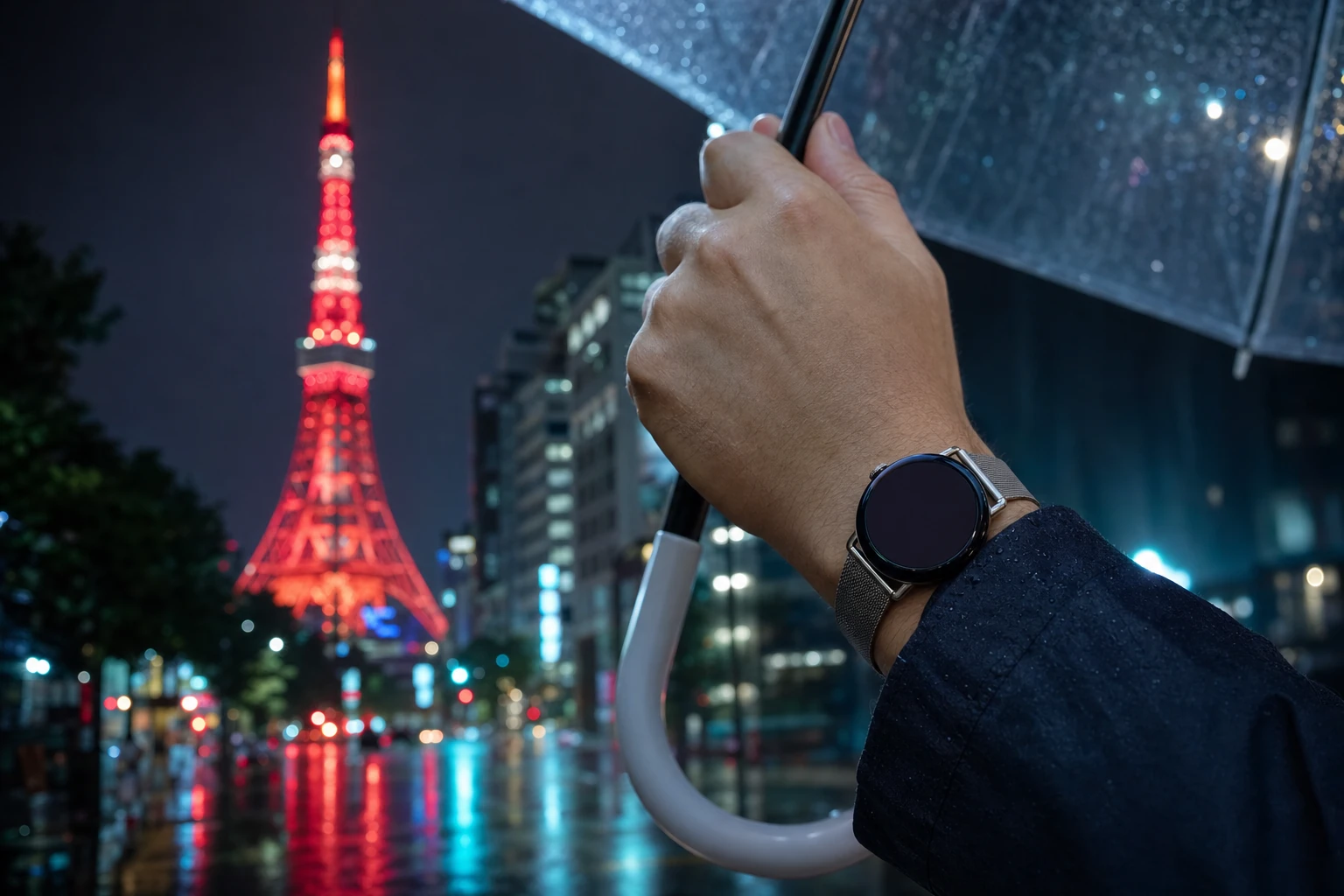 A traveler holds an umbrella in rainy Tokyo while a Roam O'Clock watch and the illuminated Tokyo Tower stand out